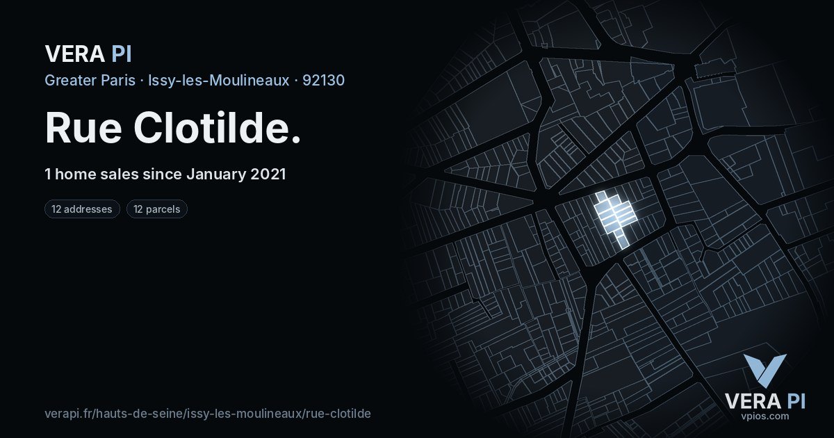 Rue Clotilde, Issy-les-Moulineaux at night – every parcel coloured by the prices around it, the street's own parcels lit