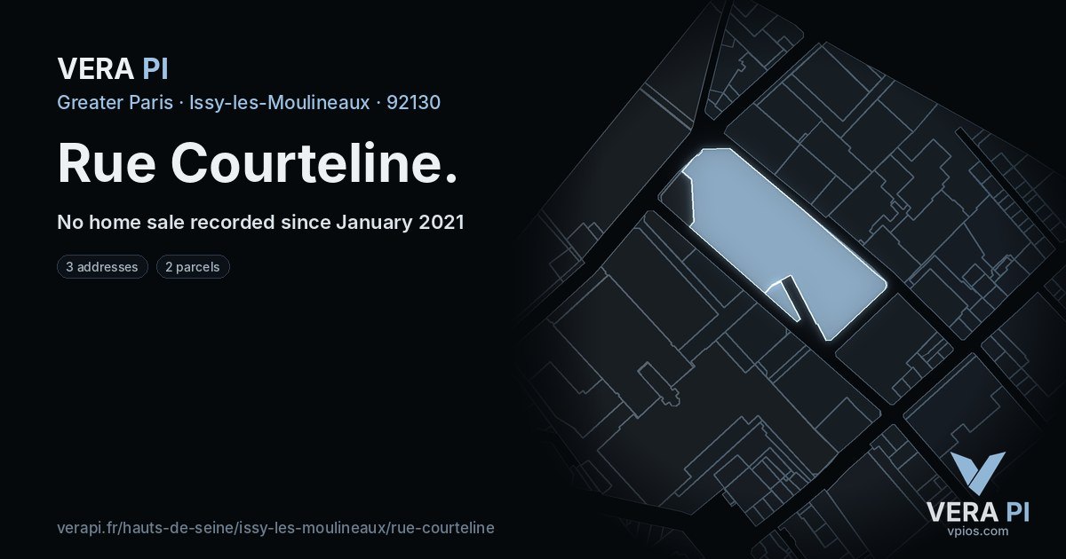 Rue Courteline, Issy-les-Moulineaux at night – every parcel coloured by the prices around it, the street's own parcels lit