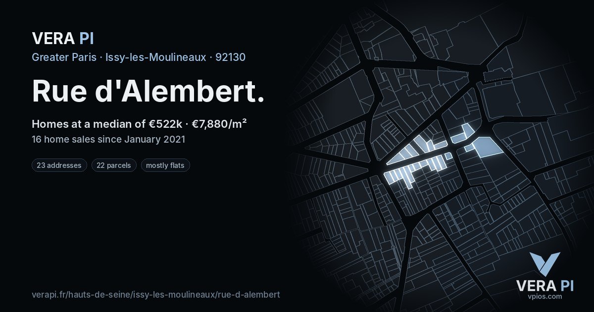 Rue d'Alembert, Issy-les-Moulineaux at night – every parcel coloured by the prices around it, the street's own parcels lit