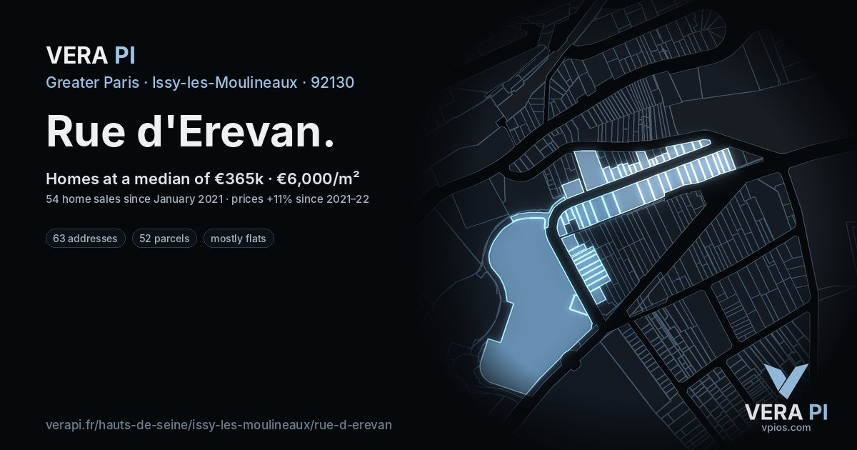 Rue d'Erevan, Issy-les-Moulineaux at night – every parcel coloured by the prices around it, the street's own parcels lit