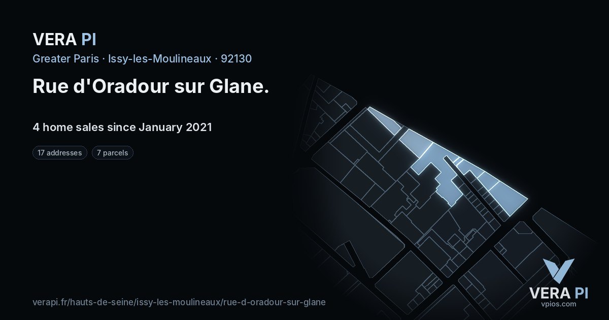 Rue d'Oradour sur Glane, Issy-les-Moulineaux at night – every parcel coloured by the prices around it, the street's own parcels lit