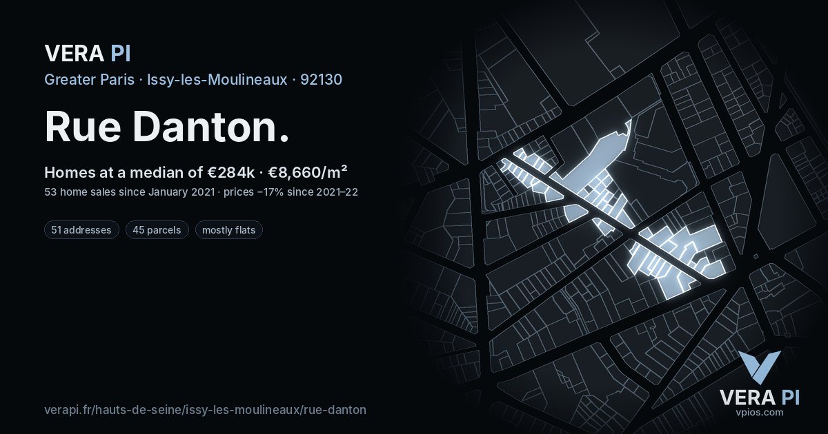 Rue Danton, Issy-les-Moulineaux at night – every parcel coloured by the prices around it, the street's own parcels lit