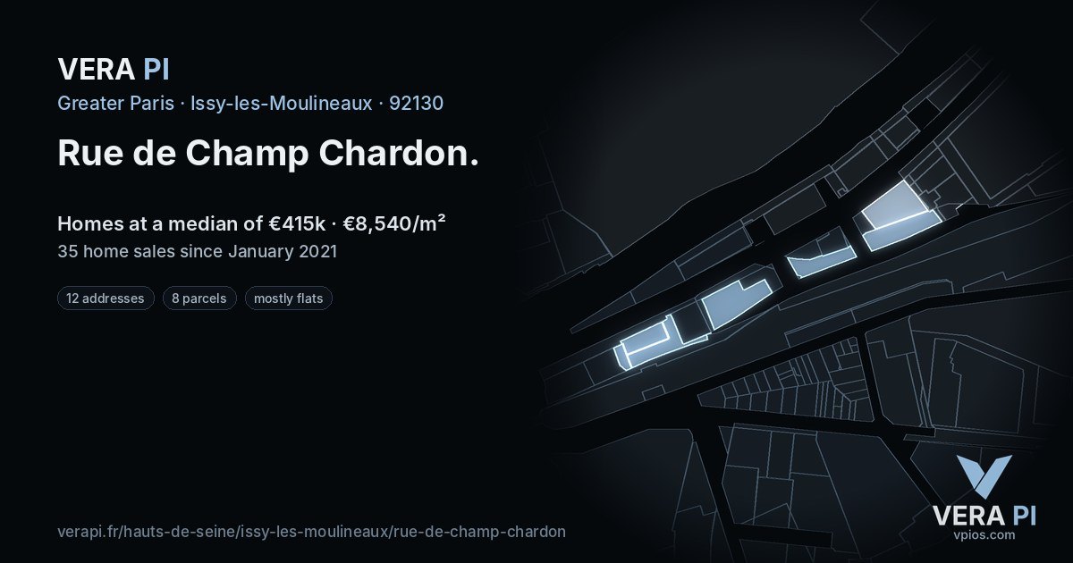 Rue de Champ Chardon, Issy-les-Moulineaux at night – every parcel coloured by the prices around it, the street's own parcels lit