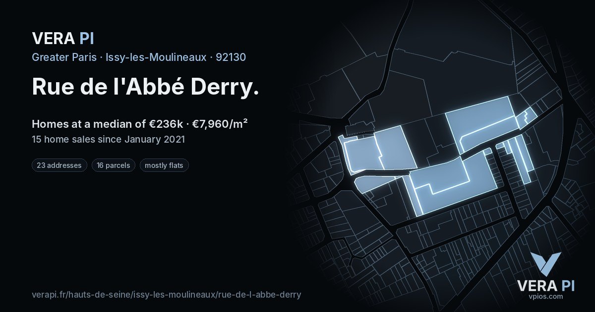 Rue de l'Abbé Derry, Issy-les-Moulineaux at night – every parcel coloured by the prices around it, the street's own parcels lit