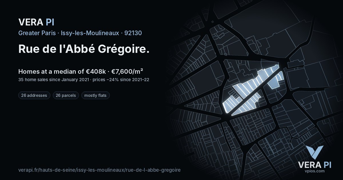 Rue de l'Abbé Grégoire, Issy-les-Moulineaux at night – every parcel coloured by the prices around it, the street's own parcels lit