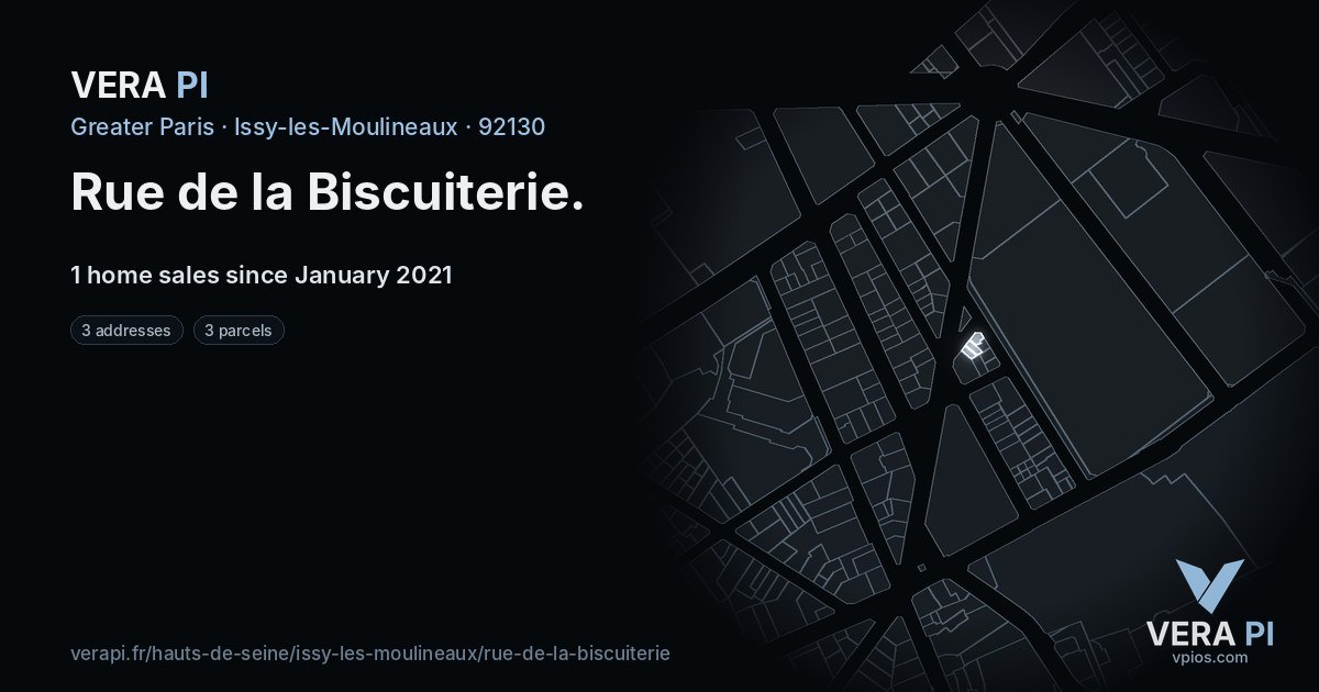 Rue de la Biscuiterie, Issy-les-Moulineaux at night – every parcel coloured by the prices around it, the street's own parcels lit