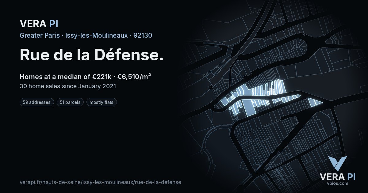 Rue de la Défense, Issy-les-Moulineaux at night – every parcel coloured by the prices around it, the street's own parcels lit