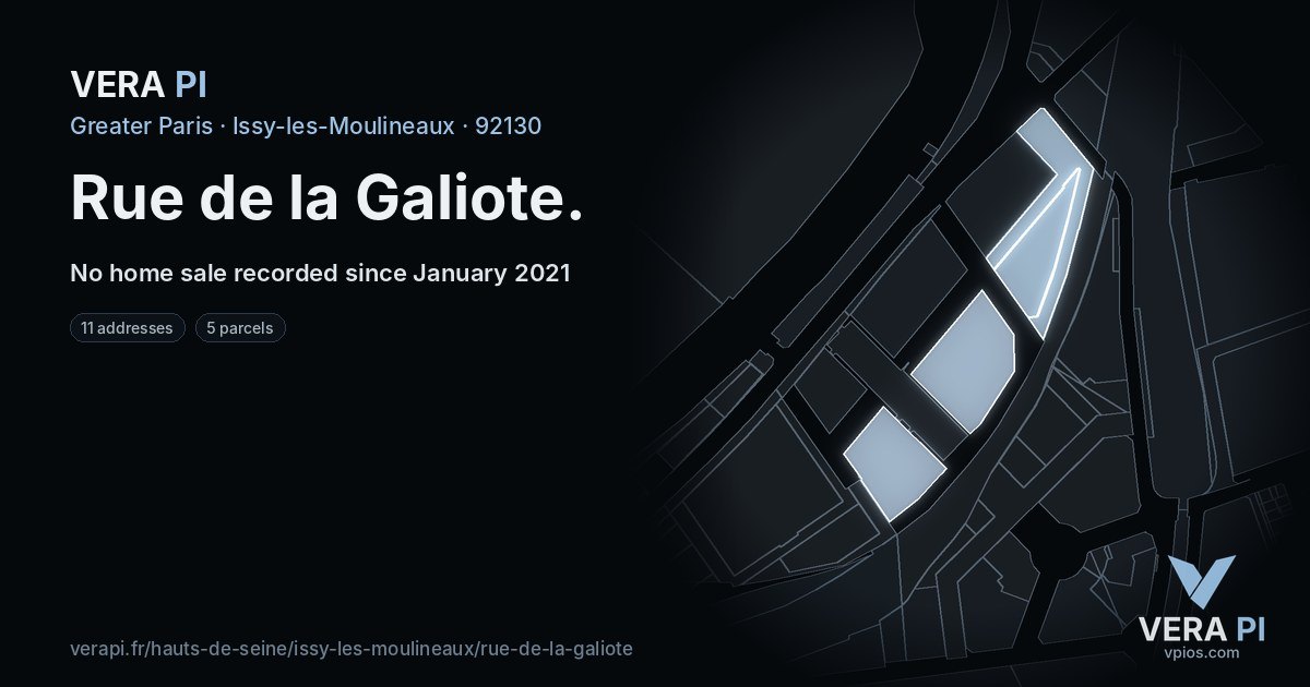 Rue de la Galiote, Issy-les-Moulineaux at night – every parcel coloured by the prices around it, the street's own parcels lit