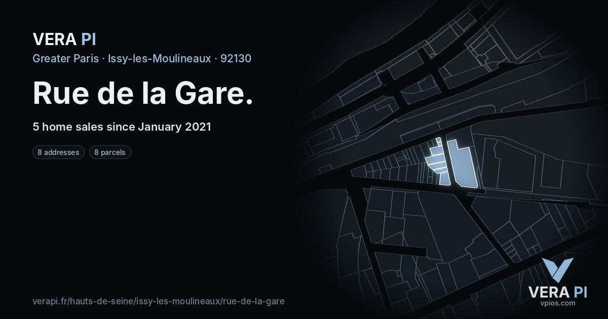 Rue de la Gare, Issy-les-Moulineaux at night – every parcel coloured by the prices around it, the street's own parcels lit