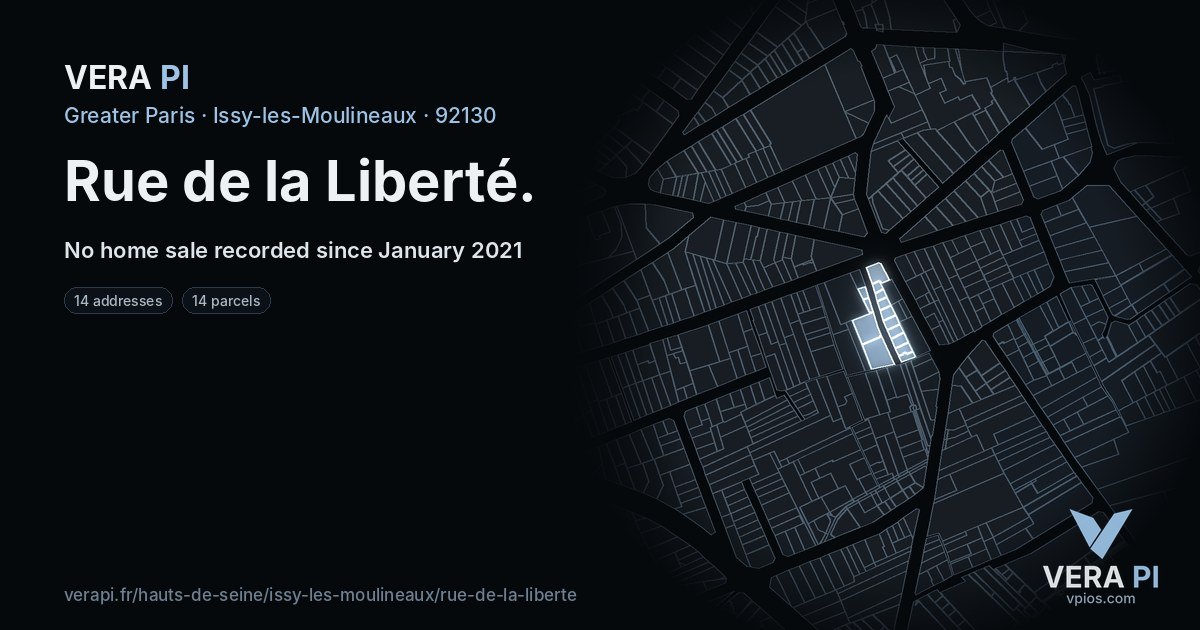 Rue de la Liberté, Issy-les-Moulineaux at night – every parcel coloured by the prices around it, the street's own parcels lit