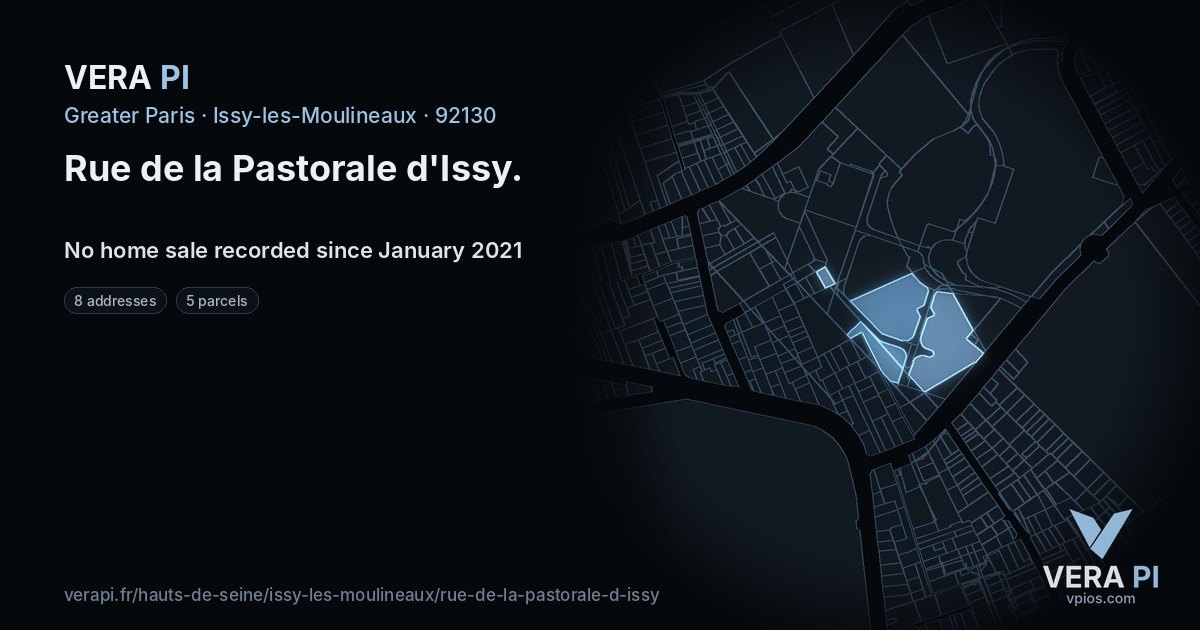 Rue de la Pastorale d'Issy, Issy-les-Moulineaux at night – every parcel coloured by the prices around it, the street's own parcels lit