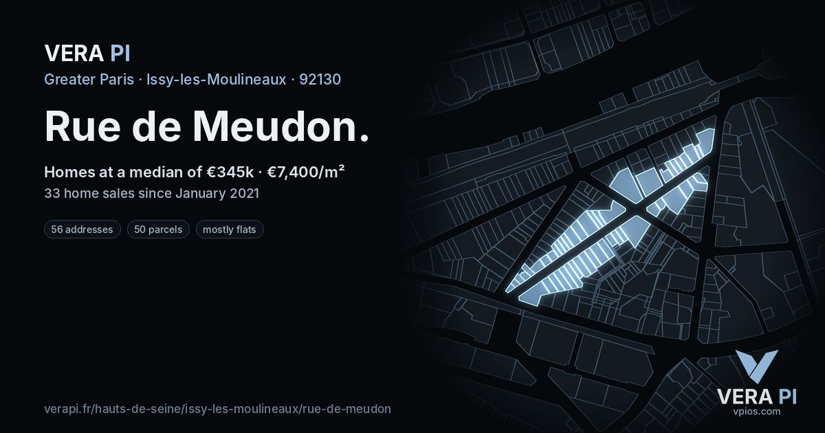 Rue de Meudon, Issy-les-Moulineaux at night – every parcel coloured by the prices around it, the street's own parcels lit