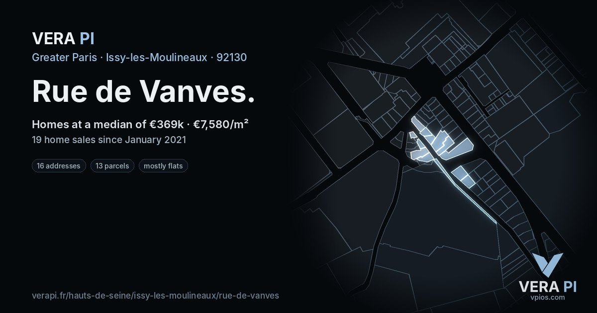 Rue de Vanves, Issy-les-Moulineaux at night – every parcel coloured by the prices around it, the street's own parcels lit