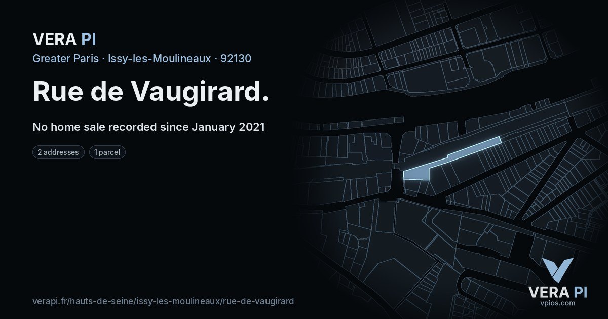 Rue de Vaugirard, Issy-les-Moulineaux at night – every parcel coloured by the prices around it, the street's own parcels lit