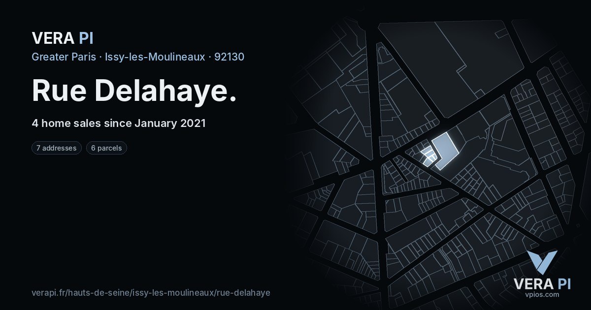 Rue Delahaye, Issy-les-Moulineaux at night – every parcel coloured by the prices around it, the street's own parcels lit
