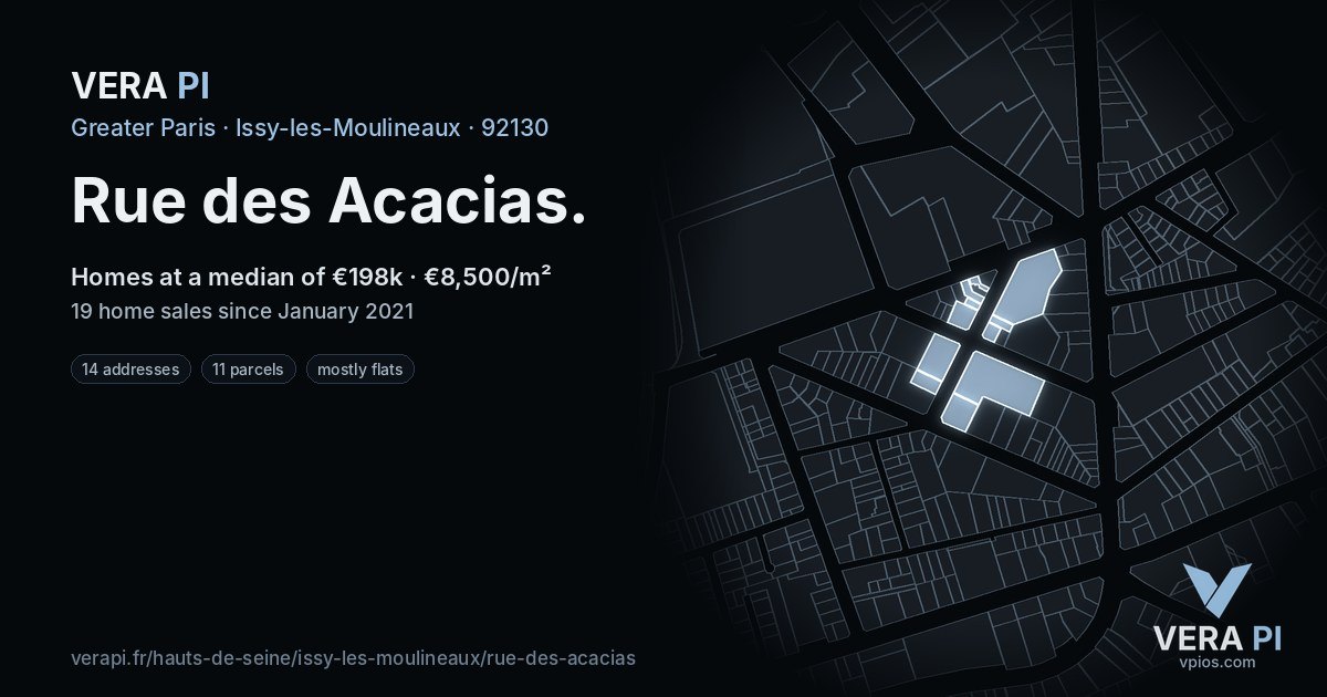 Rue des Acacias, Issy-les-Moulineaux at night – every parcel coloured by the prices around it, the street's own parcels lit