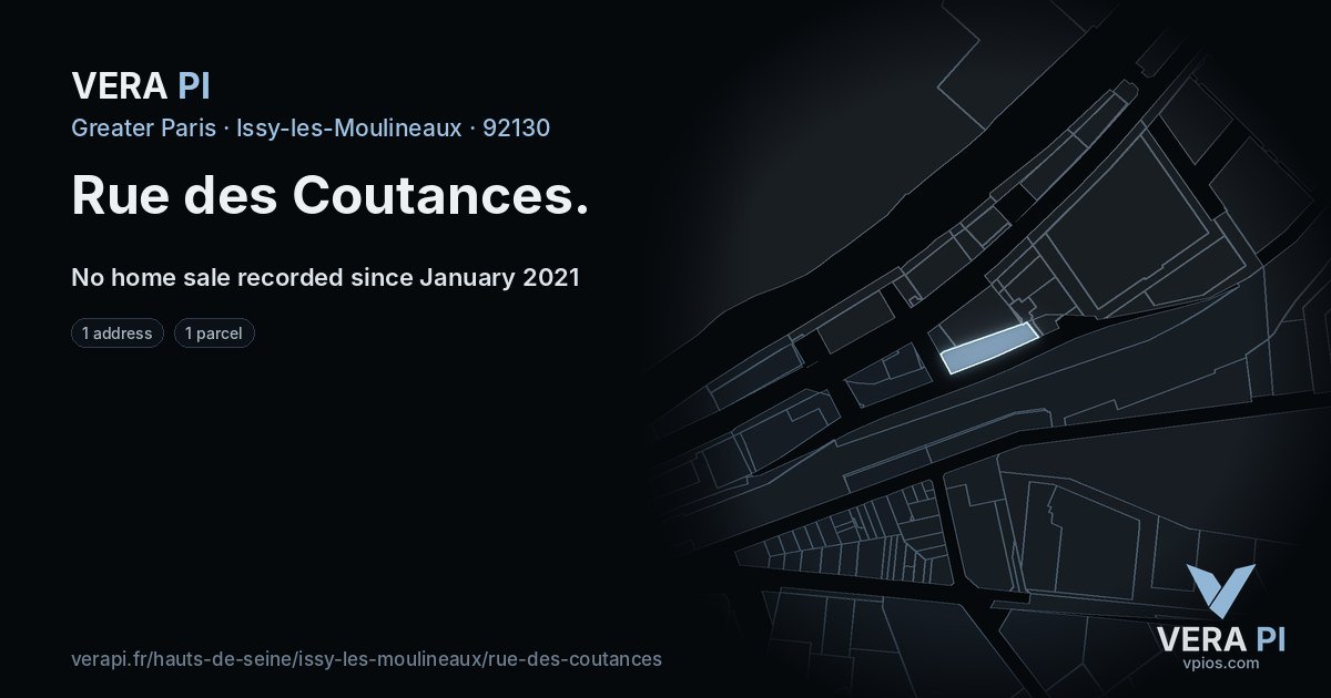 Rue des Coutances, Issy-les-Moulineaux at night – every parcel coloured by the prices around it, the street's own parcels lit