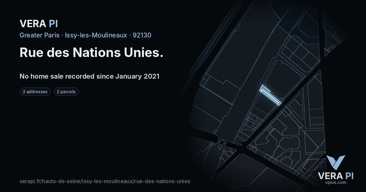 Rue des Nations Unies, Issy-les-Moulineaux at night – every parcel coloured by the prices around it, the street's own parcels lit