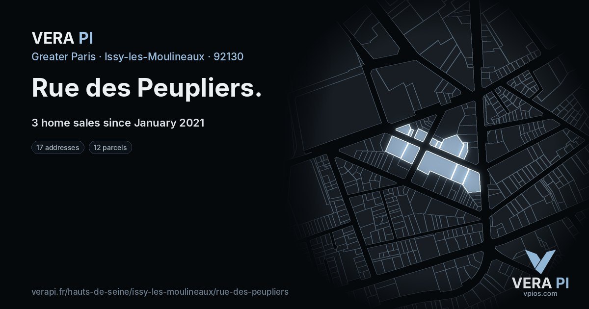 Rue des Peupliers, Issy-les-Moulineaux at night – every parcel coloured by the prices around it, the street's own parcels lit