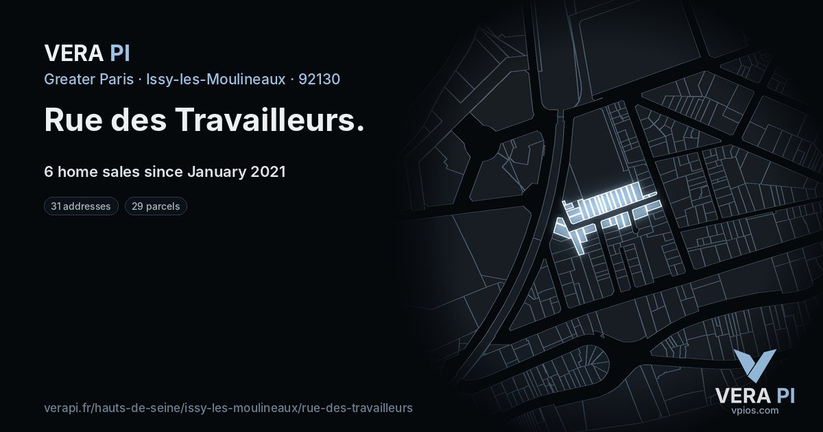 Rue des Travailleurs, Issy-les-Moulineaux at night – every parcel coloured by the prices around it, the street's own parcels lit