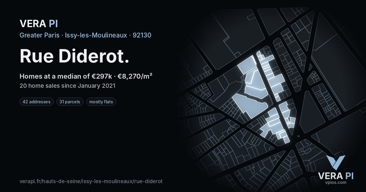 Rue Diderot, Issy-les-Moulineaux at night – every parcel coloured by the prices around it, the street's own parcels lit