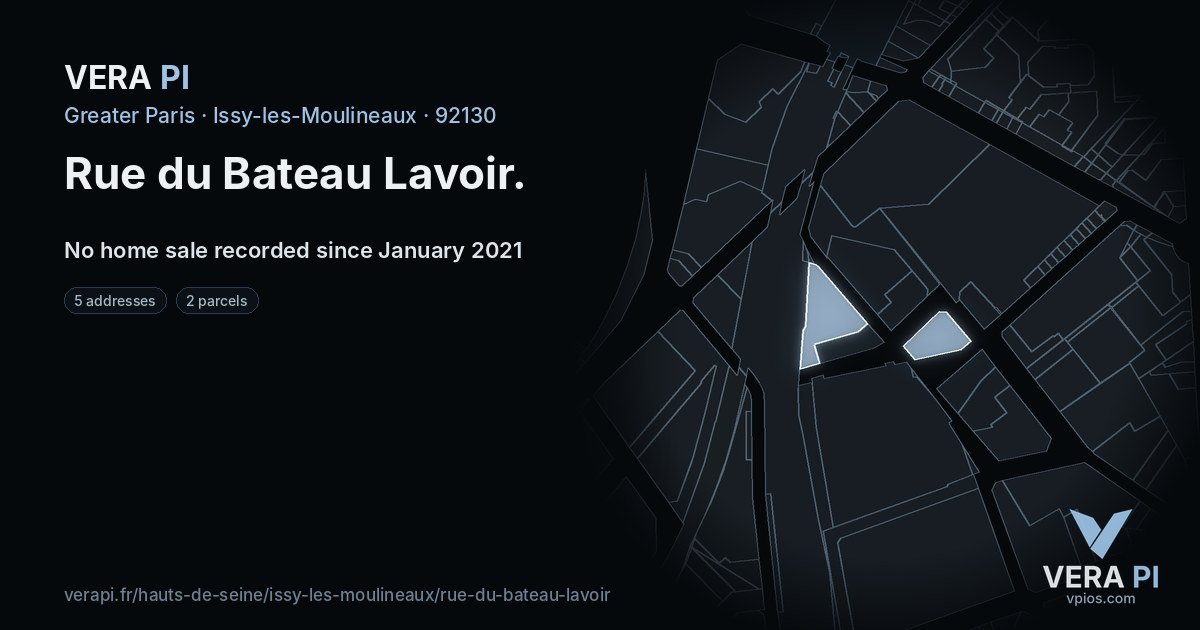 Rue du Bateau Lavoir, Issy-les-Moulineaux at night – every parcel coloured by the prices around it, the street's own parcels lit