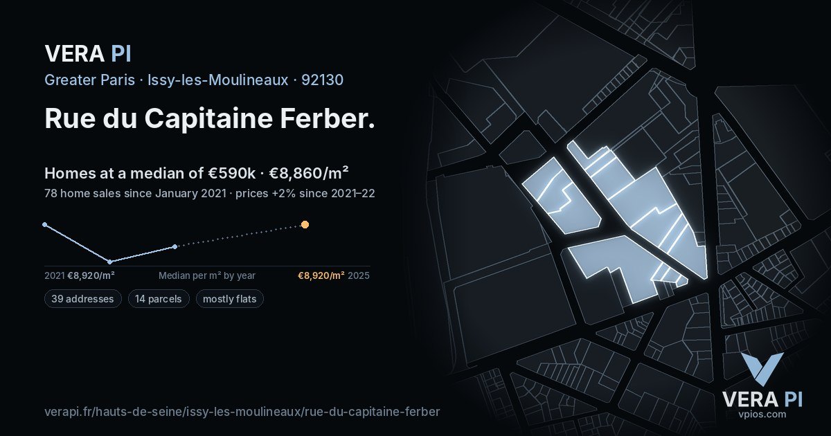 Rue du Capitaine Ferber, Issy-les-Moulineaux at night – every parcel coloured by the prices around it, the street's own parcels lit