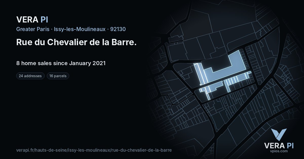 Rue du Chevalier de la Barre, Issy-les-Moulineaux at night – every parcel coloured by the prices around it, the street's own parcels lit