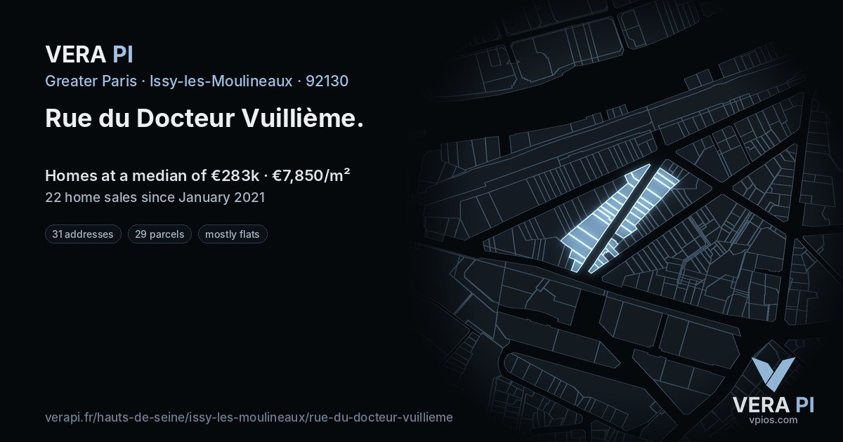 Rue du Docteur Vuillième, Issy-les-Moulineaux at night – every parcel coloured by the prices around it, the street's own parcels lit