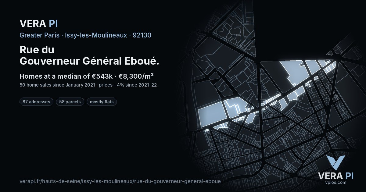 Rue du Gouverneur Général Eboué, Issy-les-Moulineaux at night – every parcel coloured by the prices around it, the street's own parcels lit