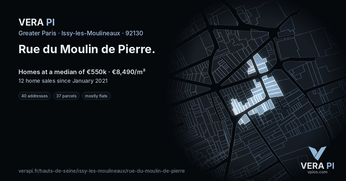 Rue du Moulin de Pierre, Issy-les-Moulineaux at night – every parcel coloured by the prices around it, the street's own parcels lit