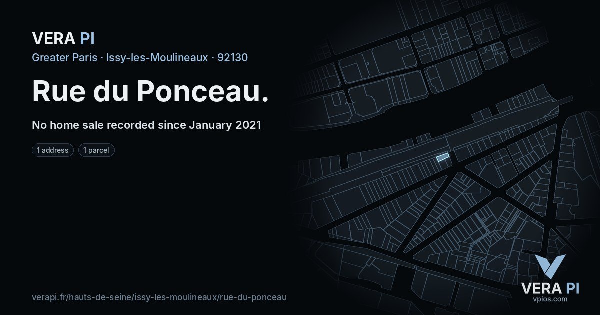 Rue du Ponceau, Issy-les-Moulineaux at night – every parcel coloured by the prices around it, the street's own parcels lit