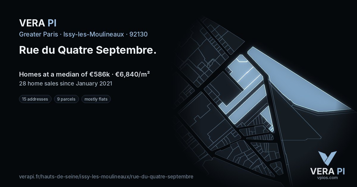 Rue du Quatre Septembre, Issy-les-Moulineaux at night – every parcel coloured by the prices around it, the street's own parcels lit