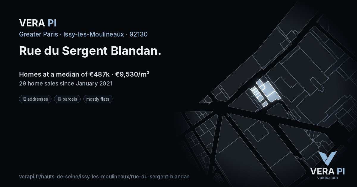 Rue du Sergent Blandan, Issy-les-Moulineaux at night – every parcel coloured by the prices around it, the street's own parcels lit