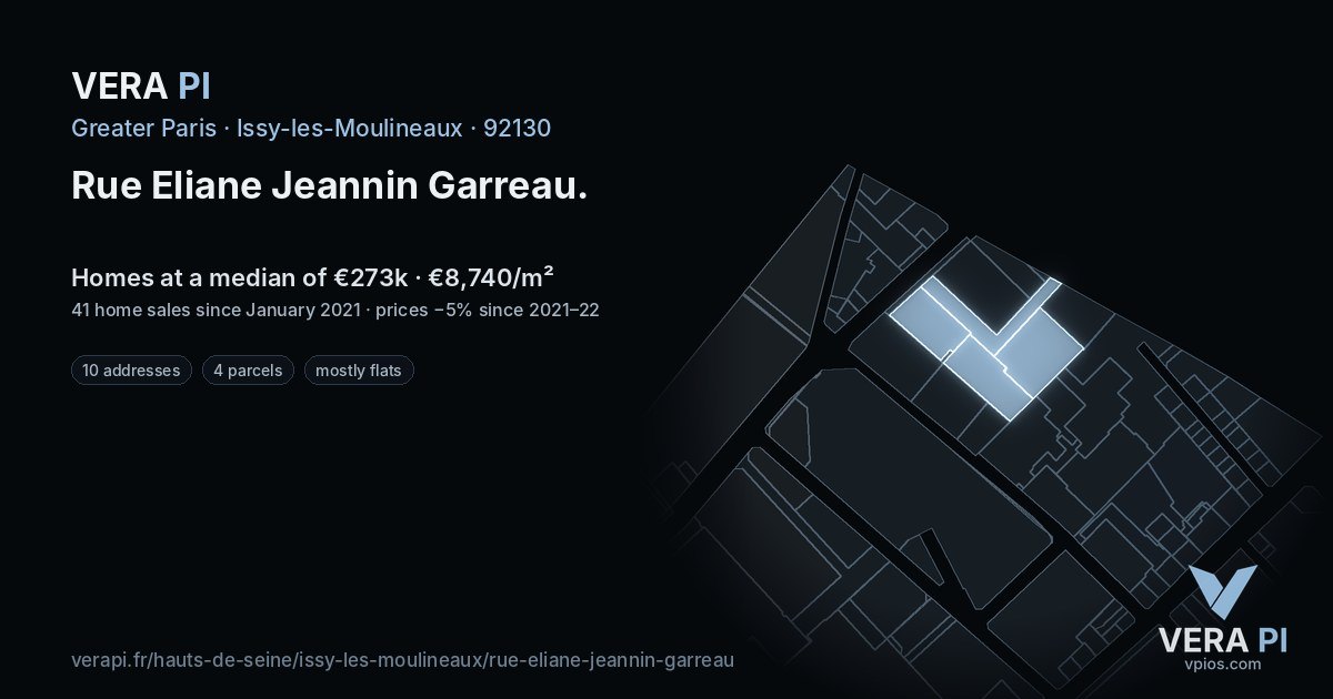 Rue Eliane Jeannin Garreau, Issy-les-Moulineaux at night – every parcel coloured by the prices around it, the street's own parcels lit