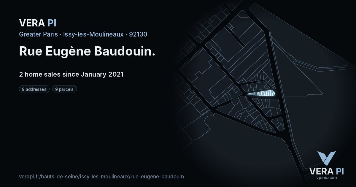 Rue Eugène Baudouin, Issy-les-Moulineaux at night – every parcel coloured by the prices around it, the street's own parcels lit