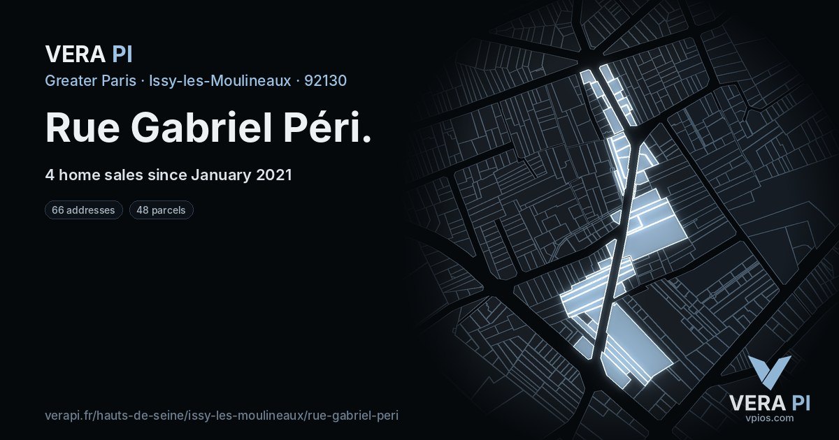 Rue Gabriel Péri, Issy-les-Moulineaux at night – every parcel coloured by the prices around it, the street's own parcels lit