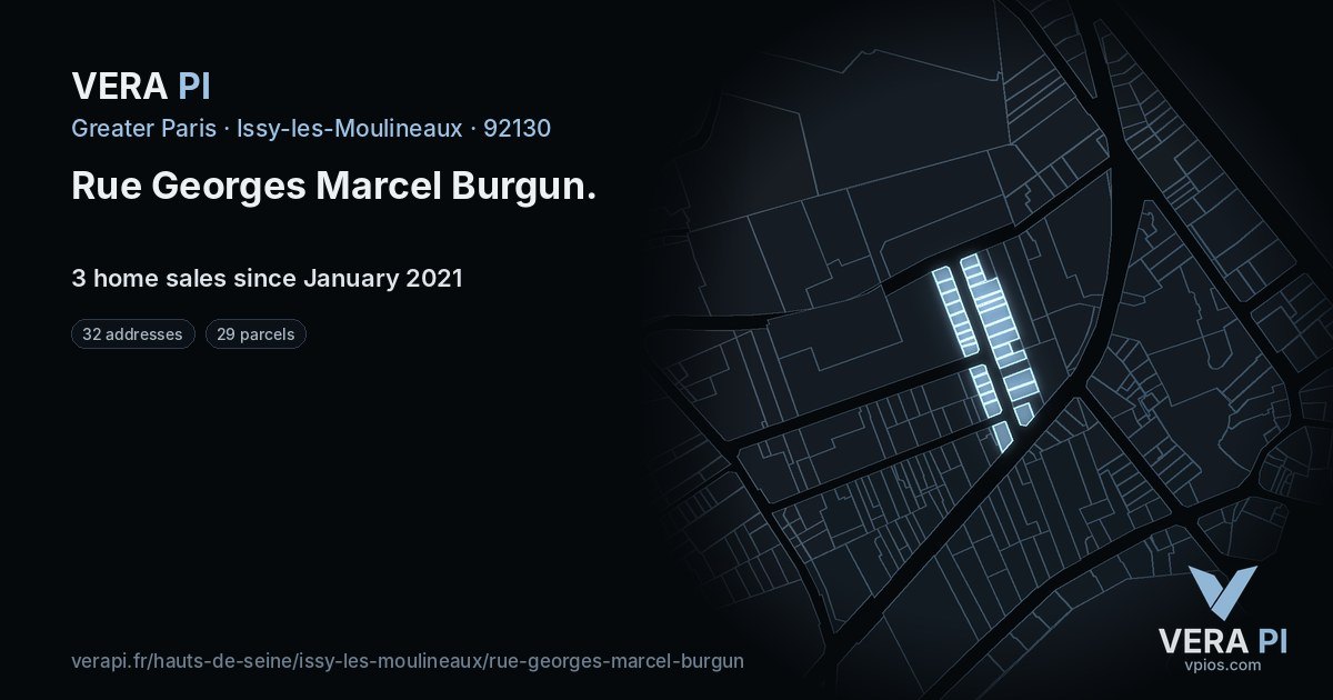 Rue Georges Marcel Burgun, Issy-les-Moulineaux at night – every parcel coloured by the prices around it, the street's own parcels lit