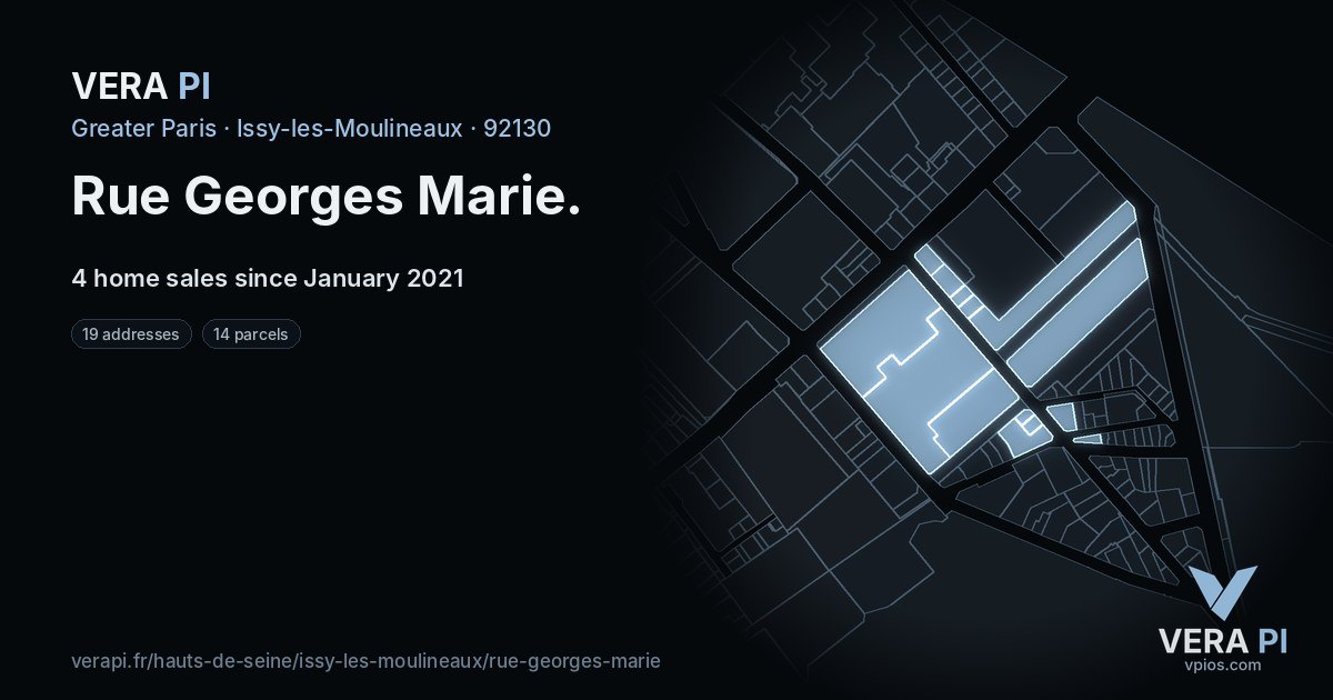 Rue Georges Marie, Issy-les-Moulineaux at night – every parcel coloured by the prices around it, the street's own parcels lit