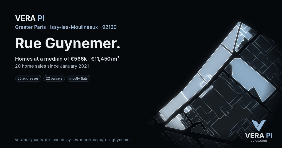 Rue Guynemer, Issy-les-Moulineaux at night – every parcel coloured by the prices around it, the street's own parcels lit