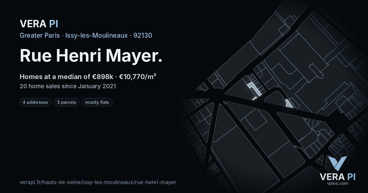 Rue Henri Mayer, Issy-les-Moulineaux at night – every parcel coloured by the prices around it, the street's own parcels lit