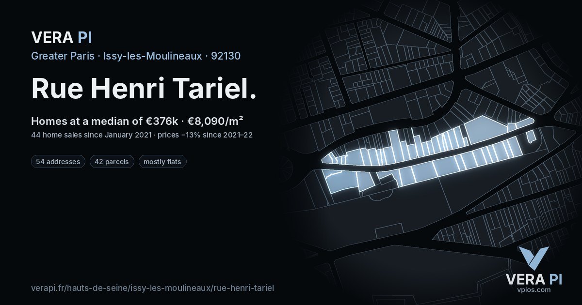 Rue Henri Tariel, Issy-les-Moulineaux at night – every parcel coloured by the prices around it, the street's own parcels lit