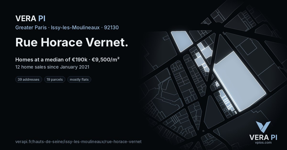 Rue Horace Vernet, Issy-les-Moulineaux at night – every parcel coloured by the prices around it, the street's own parcels lit