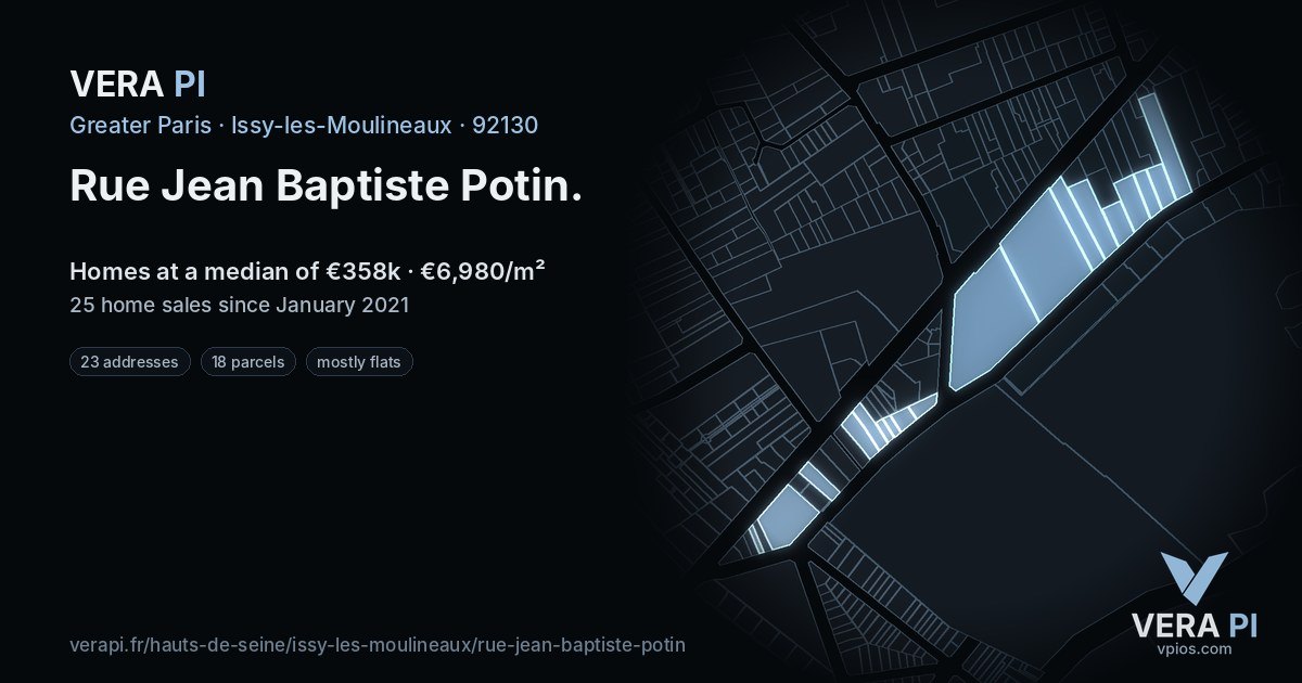 Rue Jean Baptiste Potin, Issy-les-Moulineaux at night – every parcel coloured by the prices around it, the street's own parcels lit
