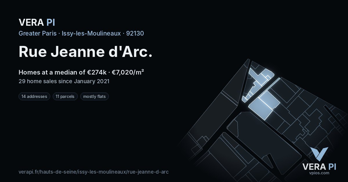 Rue Jeanne d'Arc, Issy-les-Moulineaux at night – every parcel coloured by the prices around it, the street's own parcels lit