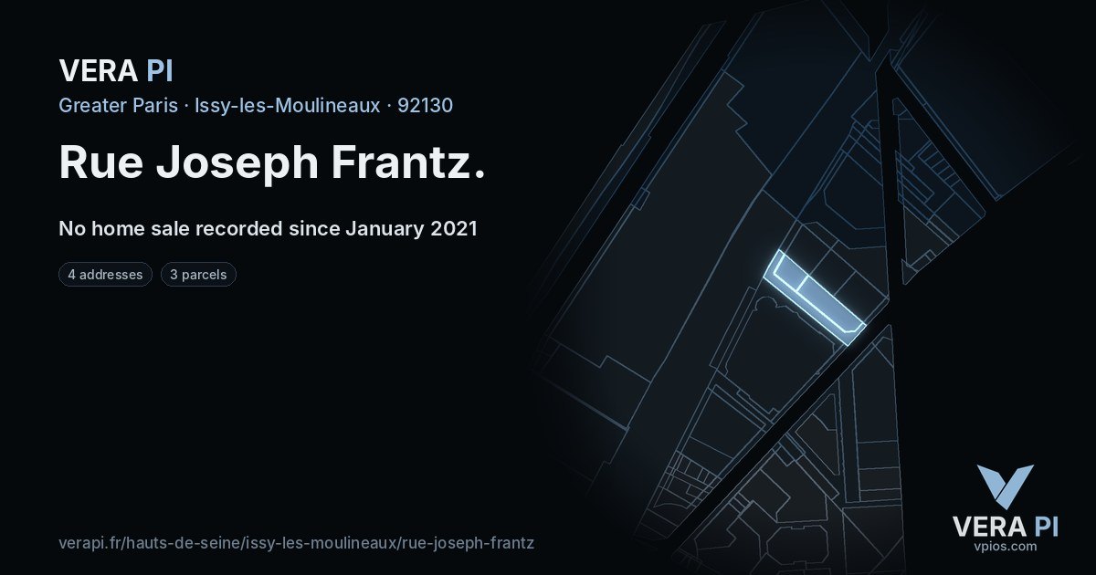 Rue Joseph Frantz, Issy-les-Moulineaux at night – every parcel coloured by the prices around it, the street's own parcels lit