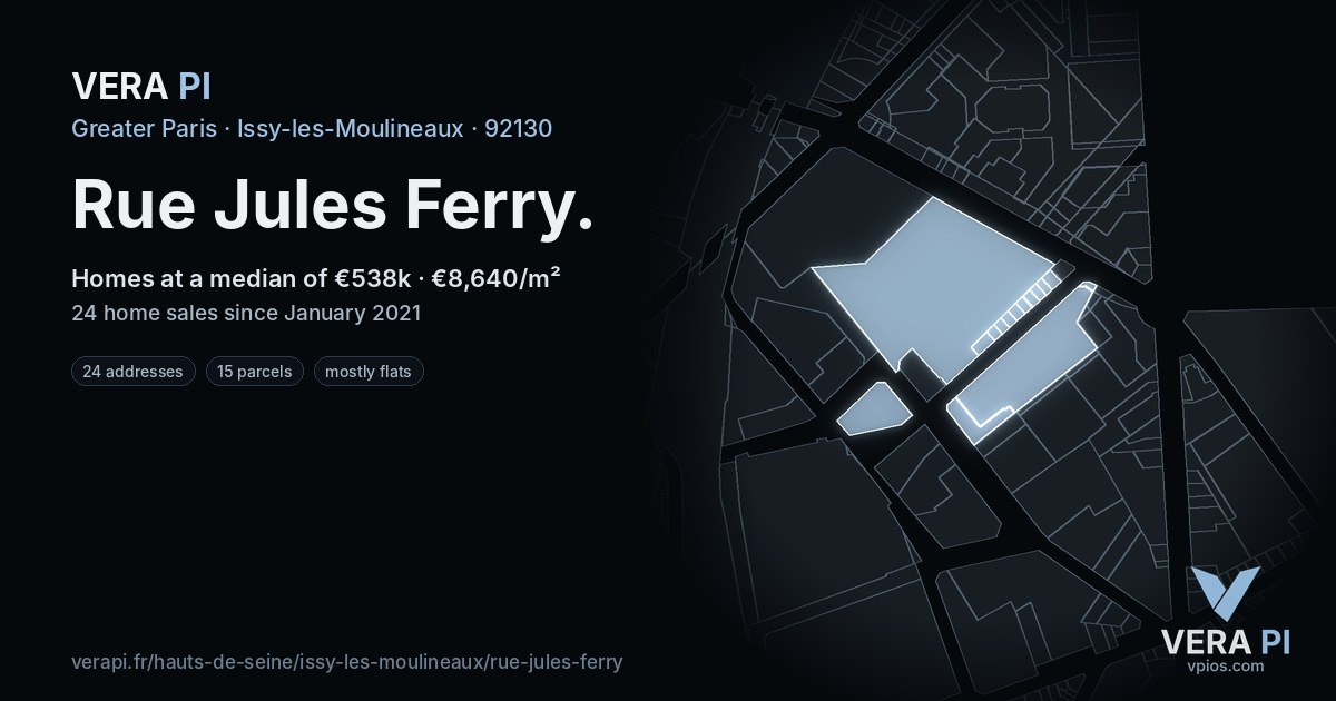 Rue Jules Ferry, Issy-les-Moulineaux at night – every parcel coloured by the prices around it, the street's own parcels lit