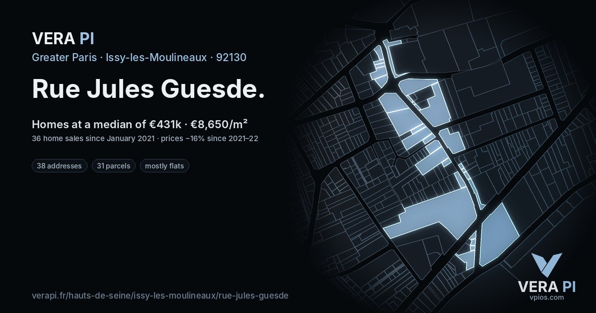 Rue Jules Guesde, Issy-les-Moulineaux at night – every parcel coloured by the prices around it, the street's own parcels lit