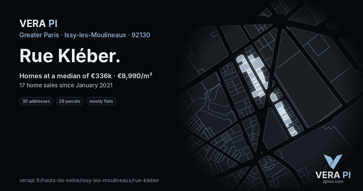 Rue Kléber, Issy-les-Moulineaux at night – every parcel coloured by the prices around it, the street's own parcels lit