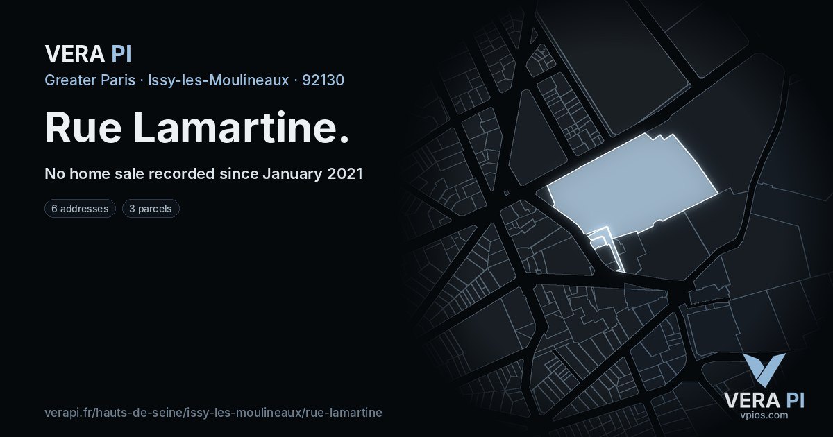 Rue Lamartine, Issy-les-Moulineaux at night – every parcel coloured by the prices around it, the street's own parcels lit
